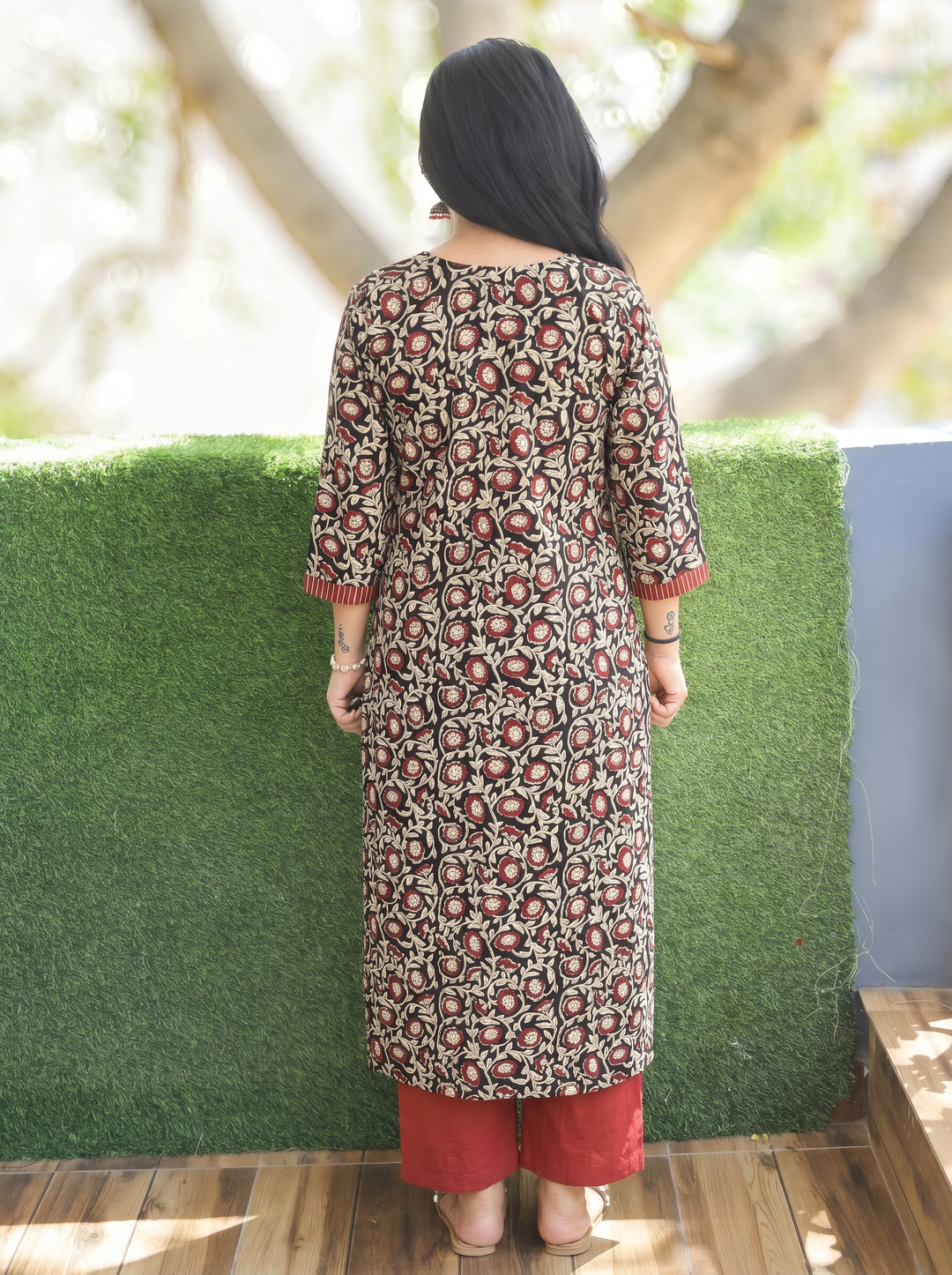Jugni Oil Black Stripe Angrakha Yoke Kalamkari Cotton Kurti