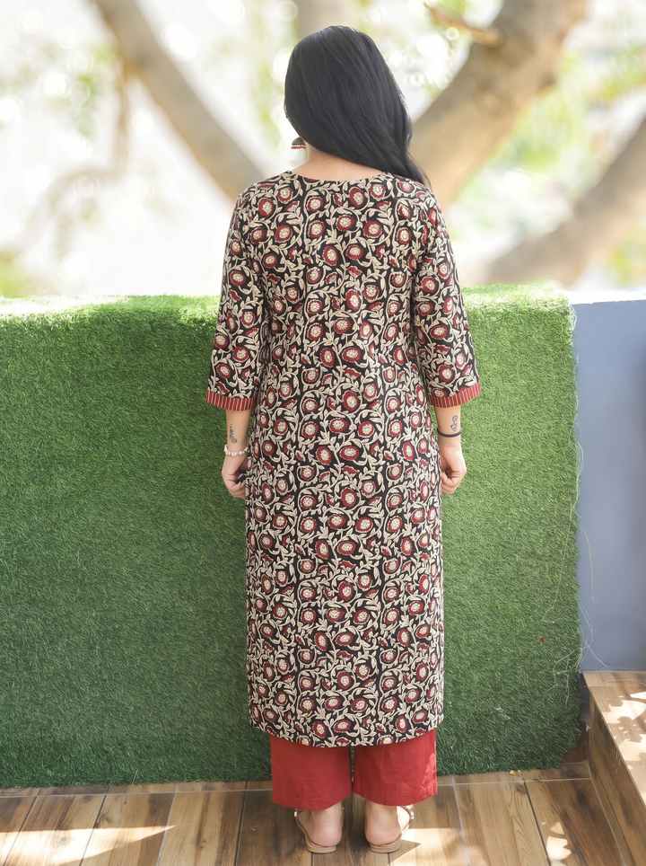 Jugni Oil Black Stripe Angrakha Yoke Kalamkari Cotton Kurti