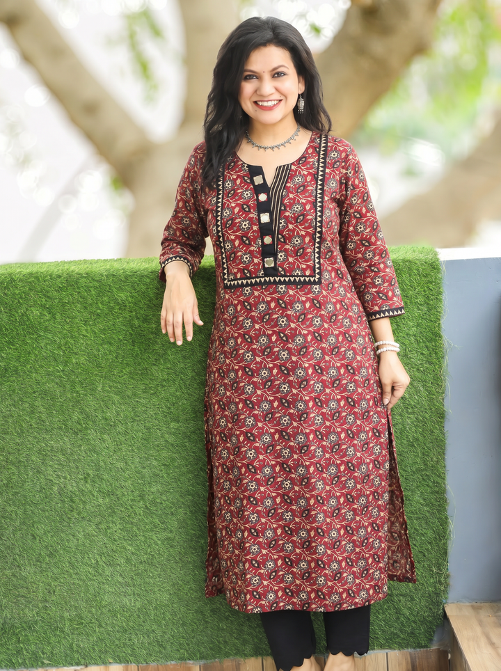 Rajashvi Maroon Red Mirror Work Yoke Cotton Kurti