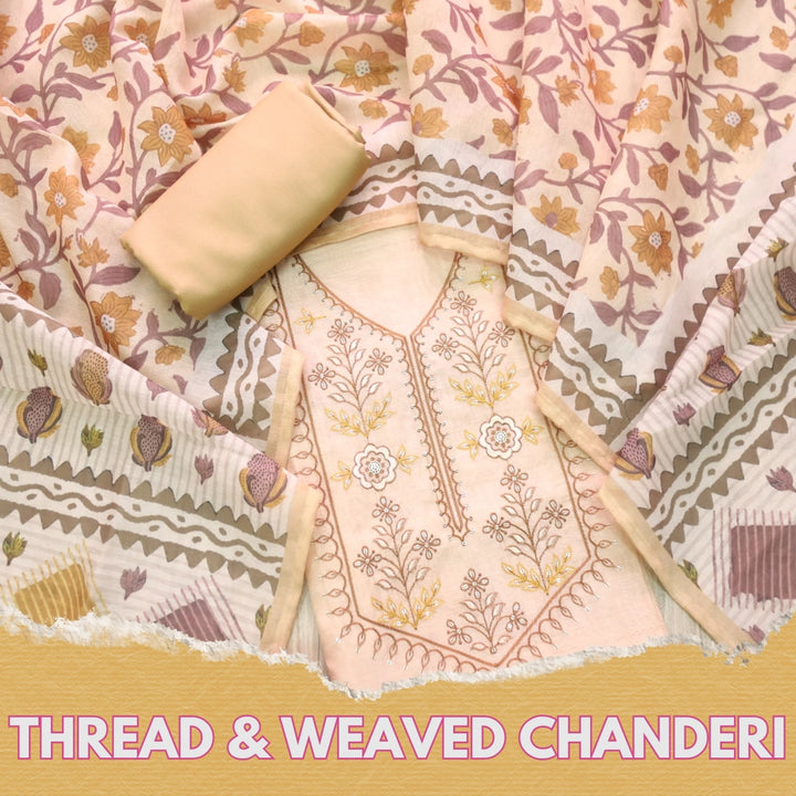 Rukshah Mustard Yellow with Black Thread Weaved Work Chanderi Suit Set