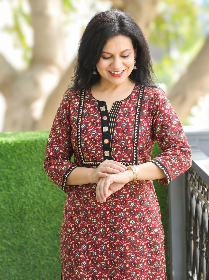 Rajashvi Maroon Red Mirror Work Yoke Cotton Kurti