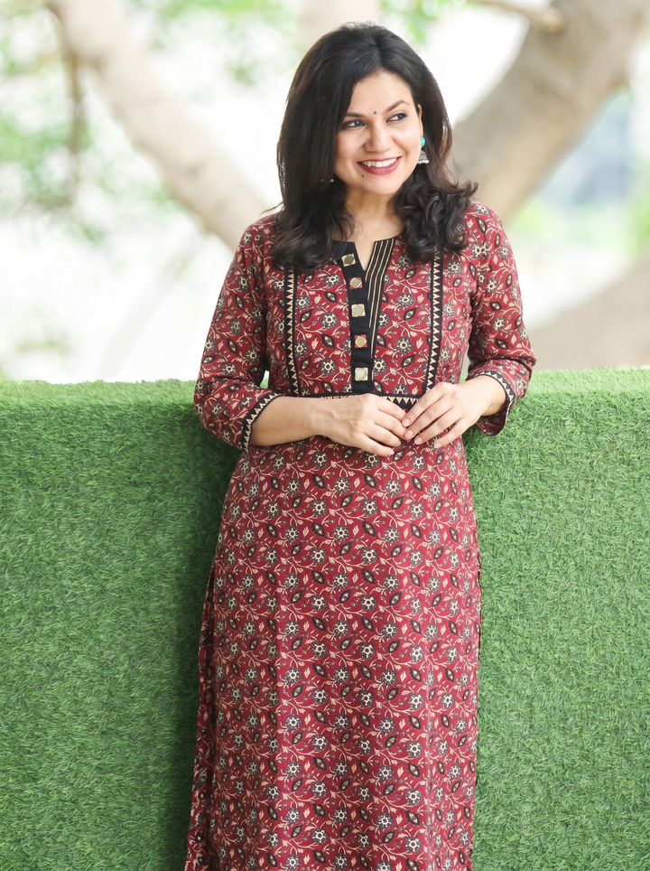 Rajashvi Maroon Red Mirror Work Yoke Cotton Kurti