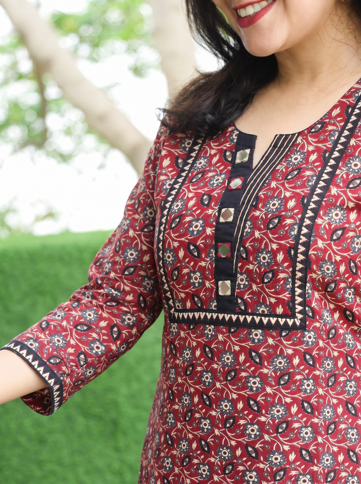 Rajashvi Maroon Red Mirror Work Yoke Cotton Kurti