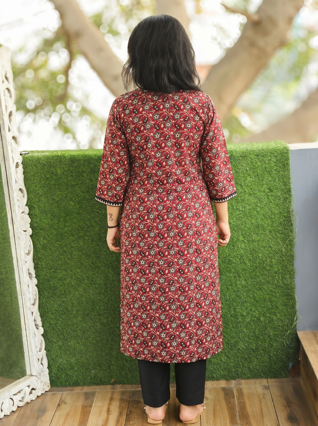Rajashvi Maroon Red Mirror Work Yoke Cotton Kurti