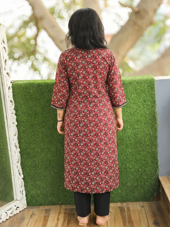 Rajashvi Maroon Red Mirror Work Yoke Cotton Kurti