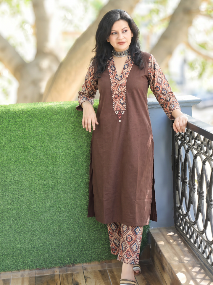Barsha Brown Kalamkari V Neck Cotton Kurti