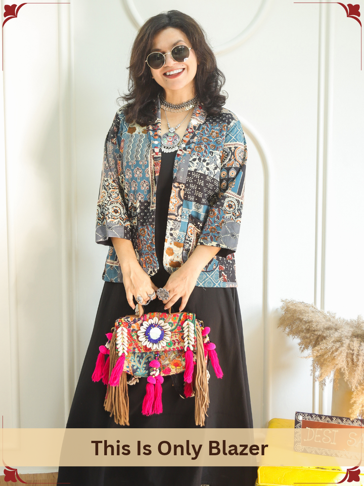 Selena Blue with Multicolor Mirror Work Ajrak Print Cotton Blazer