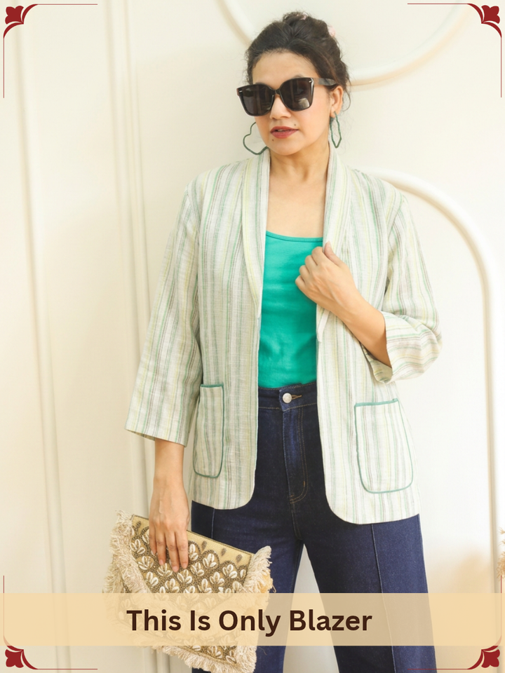 Selena White Mint Check Print Cotton Blazer