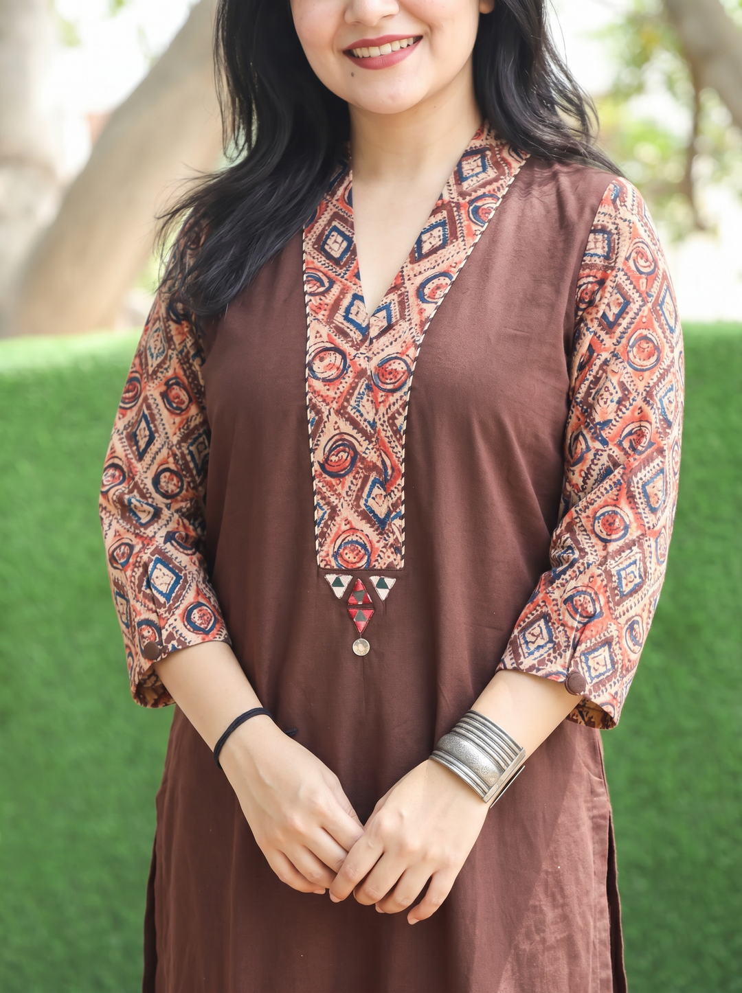 Barsha Brown Kalamkari V Neck Cotton Kurti