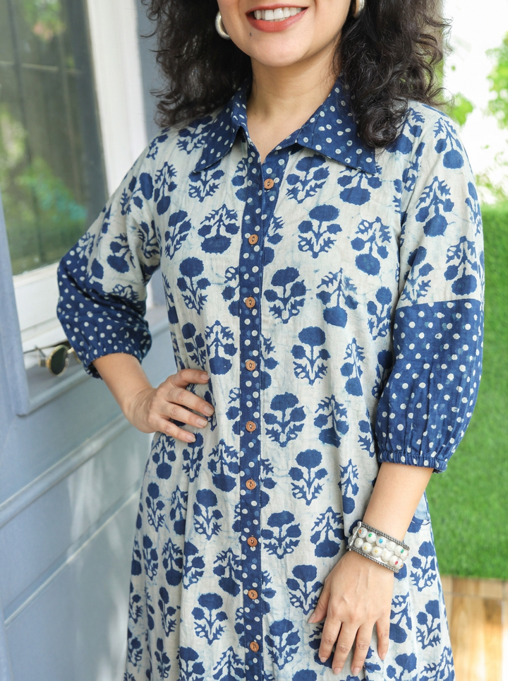 Asya Ice Blue Dabu Print Button Down Cotton Dress