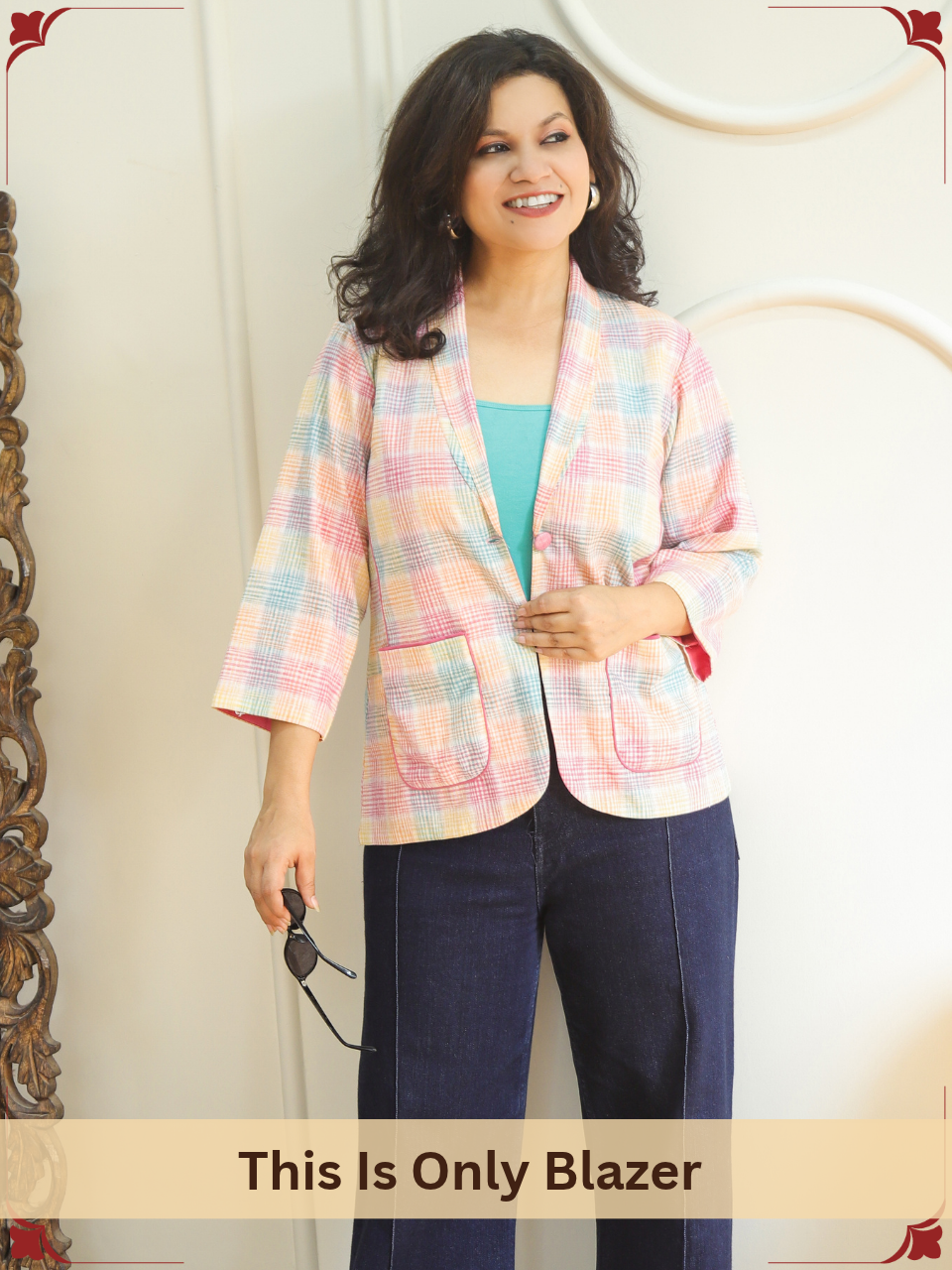 Selena Bubblegum Pink Check Print Linen Blazer