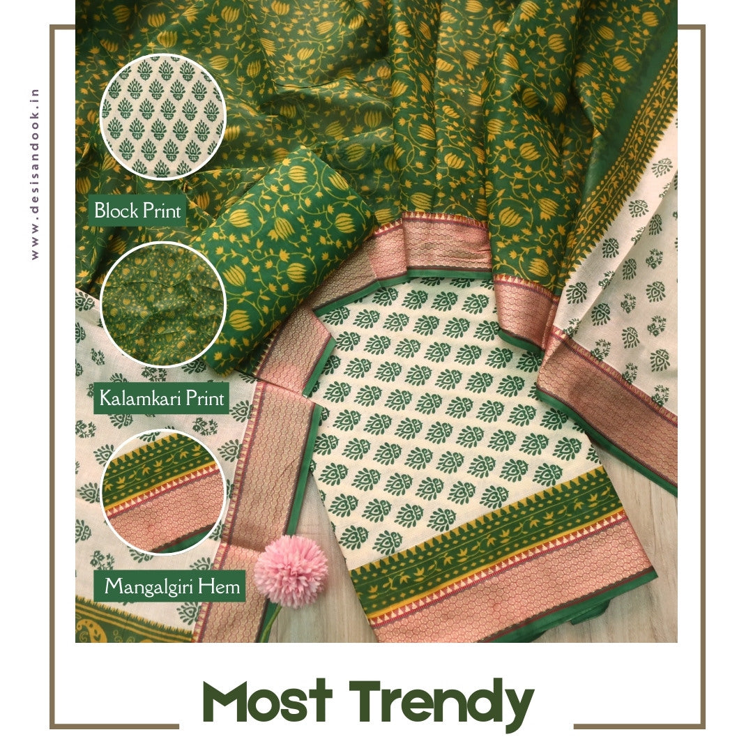 Lagauni Off Beige Printed Work With Green Mangalgiri Hem Cotton Suit Set