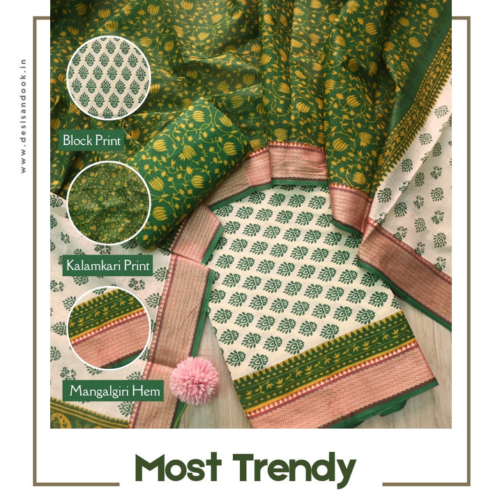 Lagauni Off Beige Printed Work With Green Mangalgiri Hem Cotton Suit Set