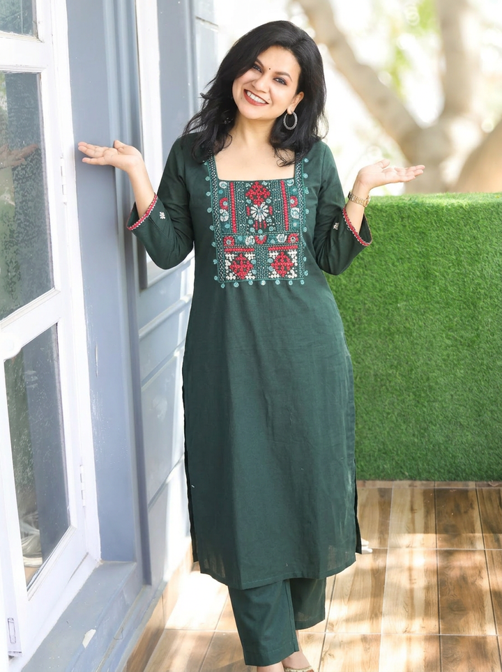 Alicia Emerlad Green Kolkata Hand Embroidered 2 Piece Set