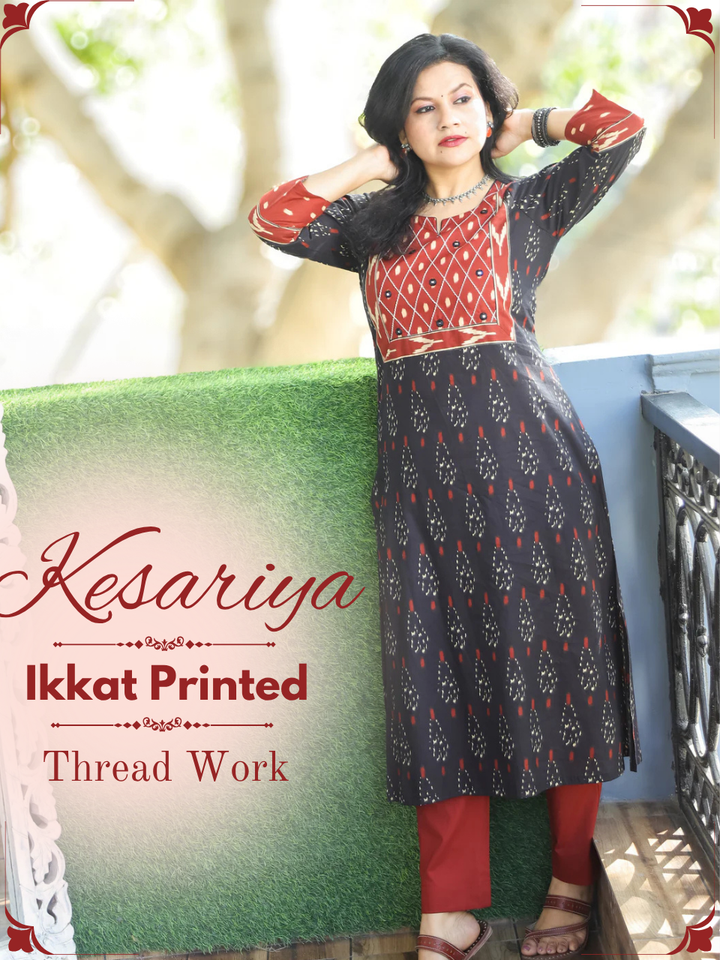 Kesariya Faded Black with Barn Rust Yoke with Mirror Work Ikkat Printed Cotton Kurti