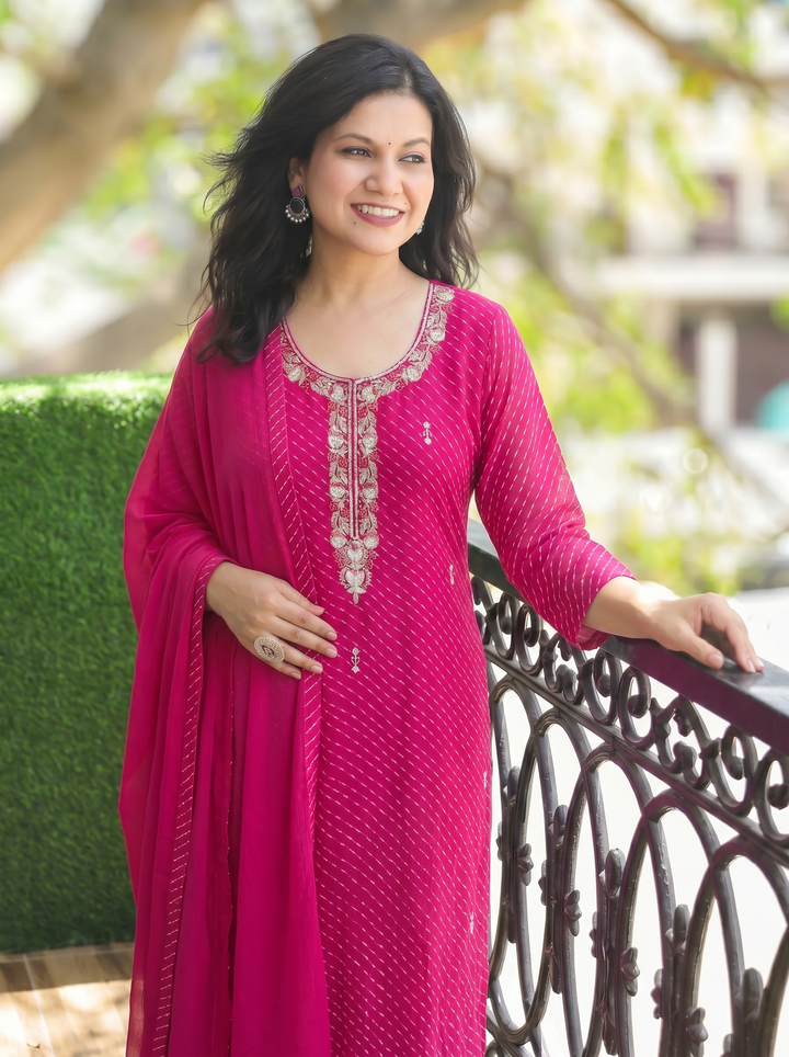 Leher Rani Pink Embellished Leheriya Georgette 3 Piece Set