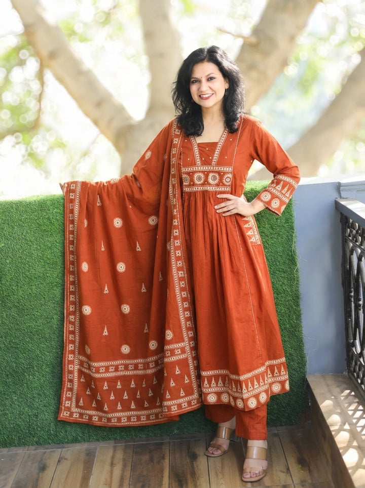 Sharvari Rust Orange Gathered Flaired Cotton 3 PIece Set