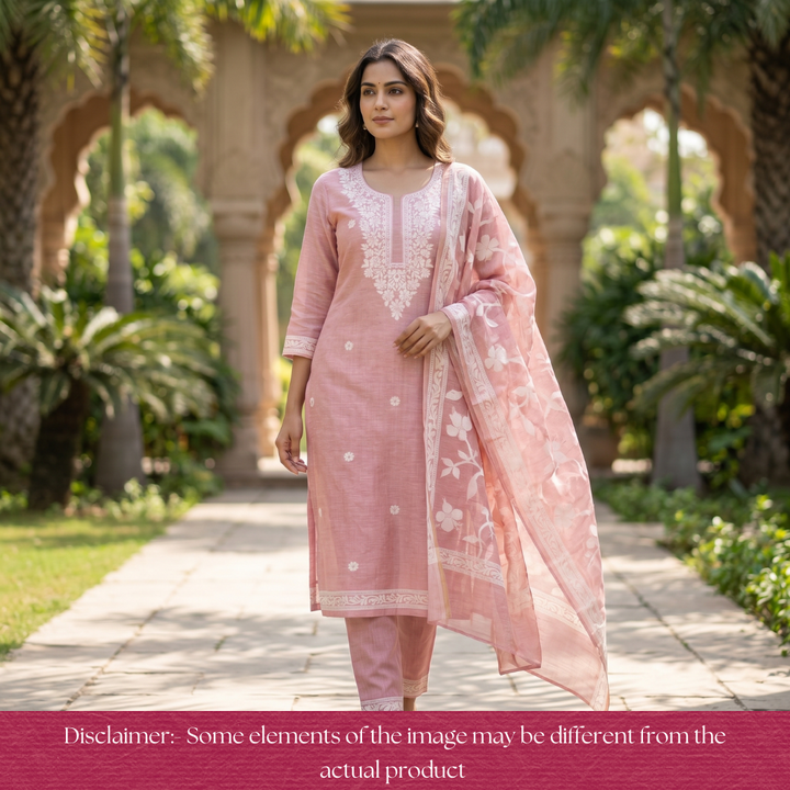 Rubina Blush Pink Authentic Jamdani Weaved Neck Chanderi Set