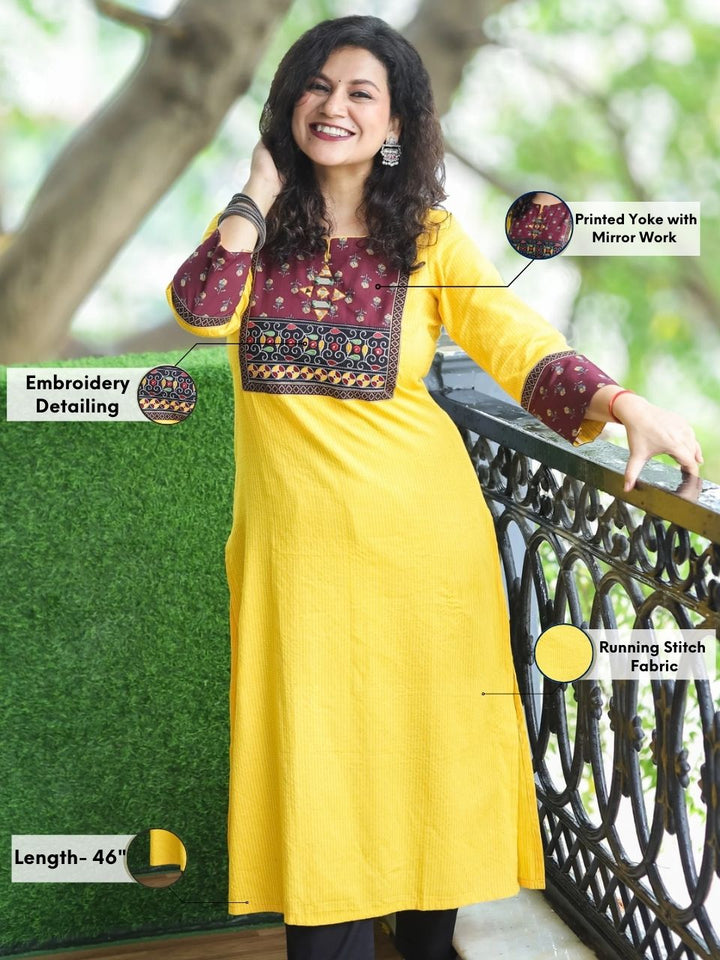 Mehek Bright Yellow with Floral printed Yoke and Mirror Work Running Stitch Cotton Kurti