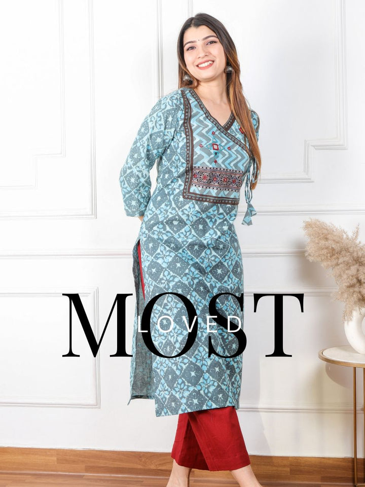 Ghoomar Sky Blue Kutch Mirror Neck Work Angrakha Dabu Cotton Kurti-D1