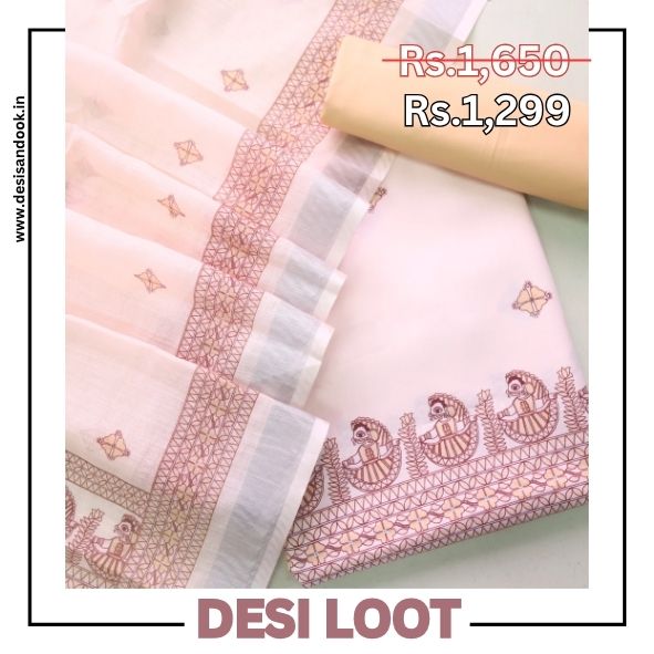 Ruaa Cream with Brown Madhubani Printed Tussar Cotton Linen Suit Set