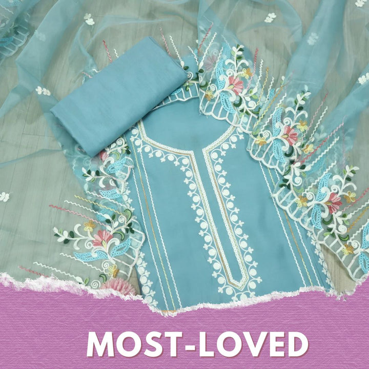 Sundara Celeste Teal Floral Aari Work Neck Modal Suit Set