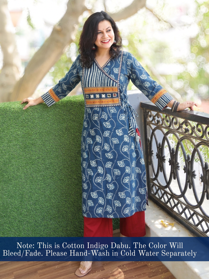 Siya Denim Blue Angrakha Dabu Cotton Kurti