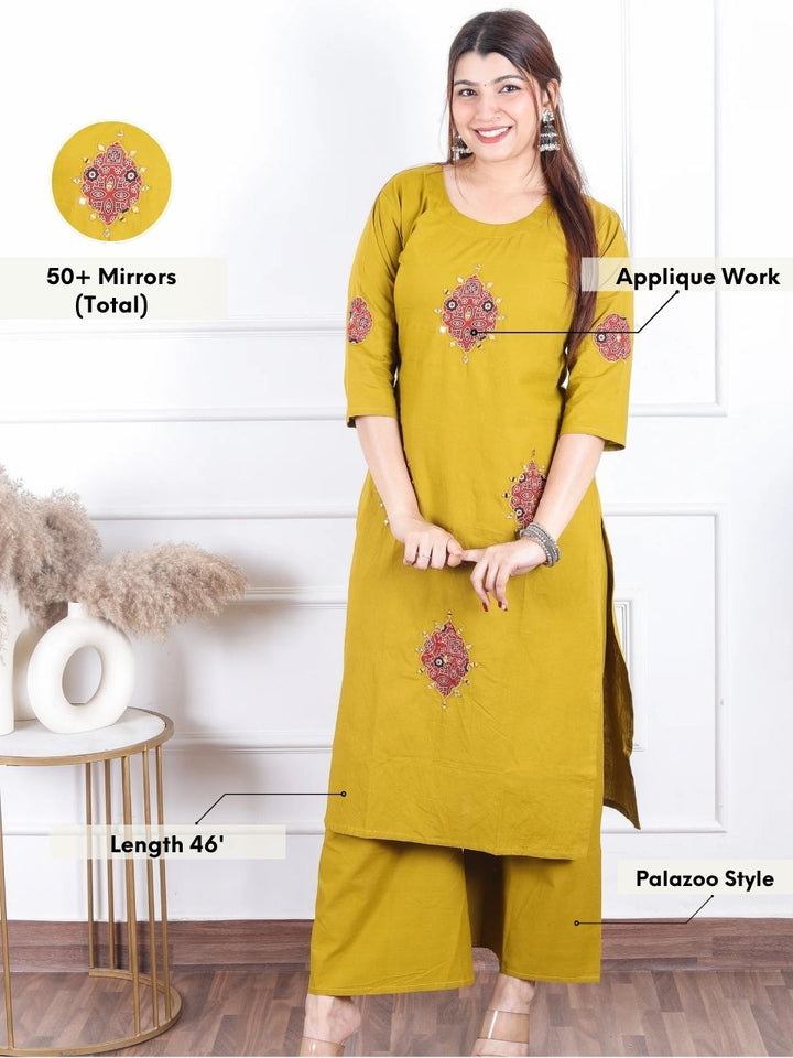 Chanda Dandelion Yellow Applique Patch Work with Mirror Cotton 2 Piece Set