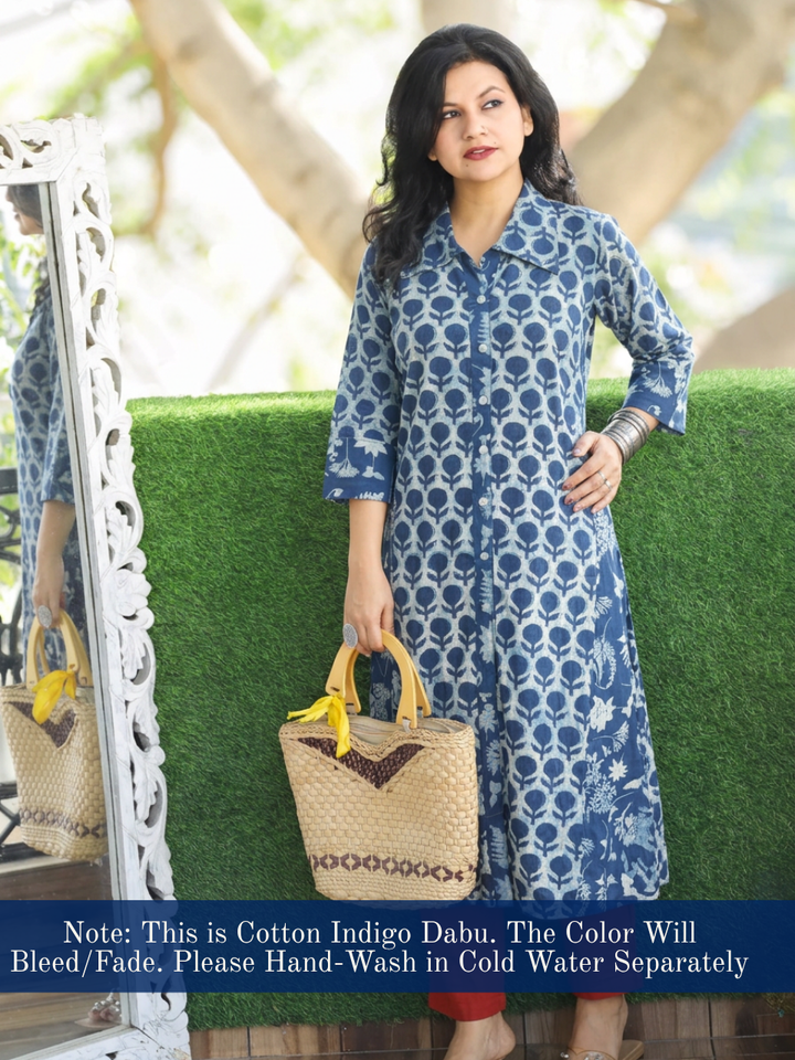 Kriya Iced Blue Dabu Printed Button Down Cotton Kurti