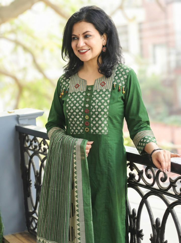 Jessica Sage Green Mirror Yoke Cotton 3 Piece Set