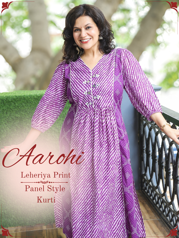 Aarohi Purple Mirror with Leheriya Print Panel Cotton Kurti