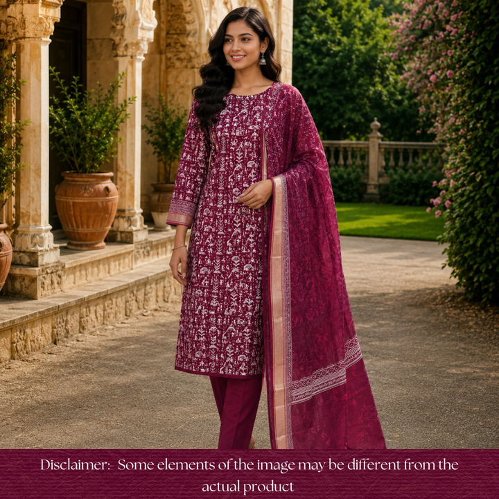 Anaya Berry Purple Warli Printed in Mangalgiri Hem Work Cotton Set D2