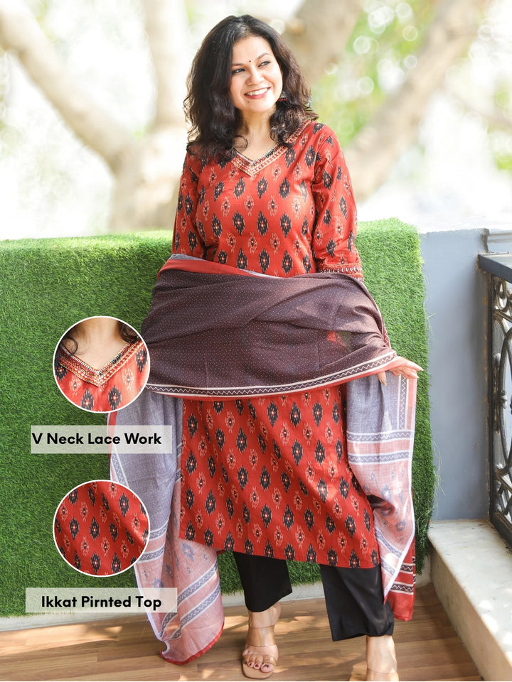 Chanda Berry Red V Neckline with Lace Work In Printed Cotton 3 Piece Set