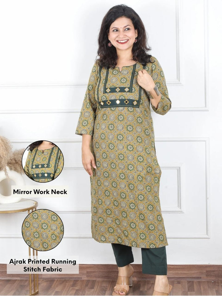 Hariyali Spring Green Mirror Work in Ajrak Printed Running Work Cotton Kurti