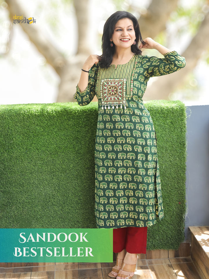 Vamika Pine Green Gajj Printed Cotton Kurti