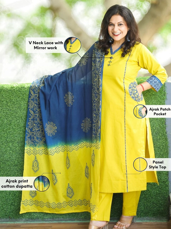 Phoolan Lime Yellow V Neck Lace and Mirror Work with Pocket Cotton 3 Piece Set