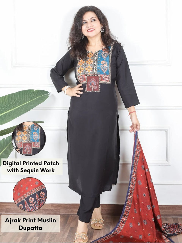 Samriddhi Night Black Digital Printed Patch with Sequine Work Modal 3 Piece Set