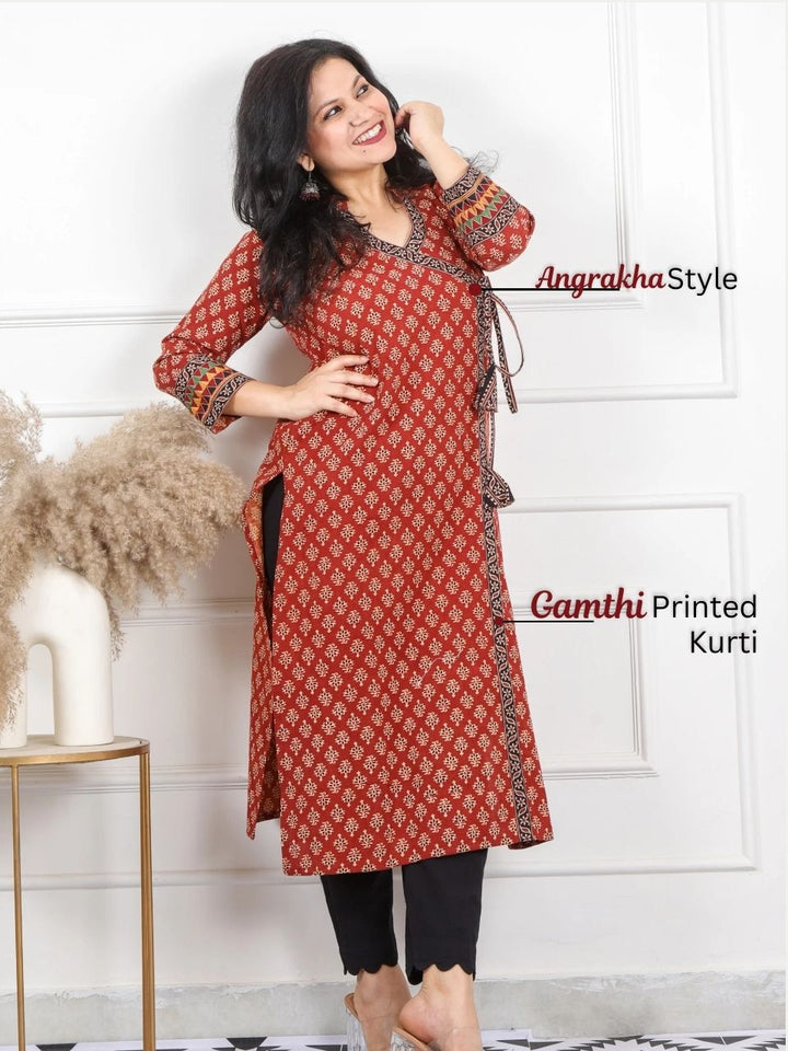 Shaayraana Cherry Red Kutch Fusion Work Angrakha Style Cotton Kurti