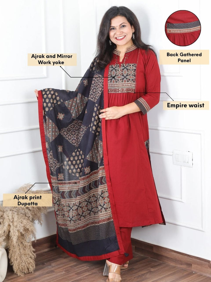 Malikaa Cherry Red Front Gathered Panel with Ajrak and Mirror Work Cotton 3 Piece Set