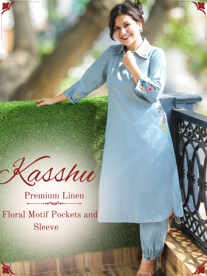 Kaashu Sky Blue Collar Neck Linen 2 Piece Set