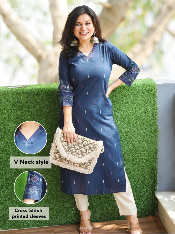 Pankhudi Royal Navy Blue V Neck Printed Work Cotton Kurti