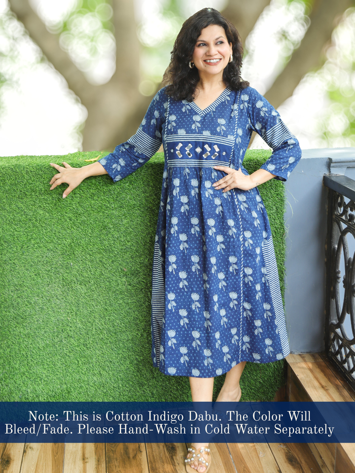 Jyotica Indigo Blue Mirror work Panel Style Cotton Dress