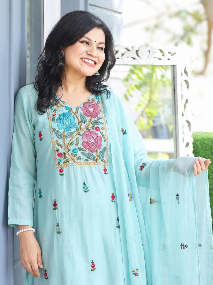 Navira Powder Blue Kolkata Hand Embroidered 3 Piece Set