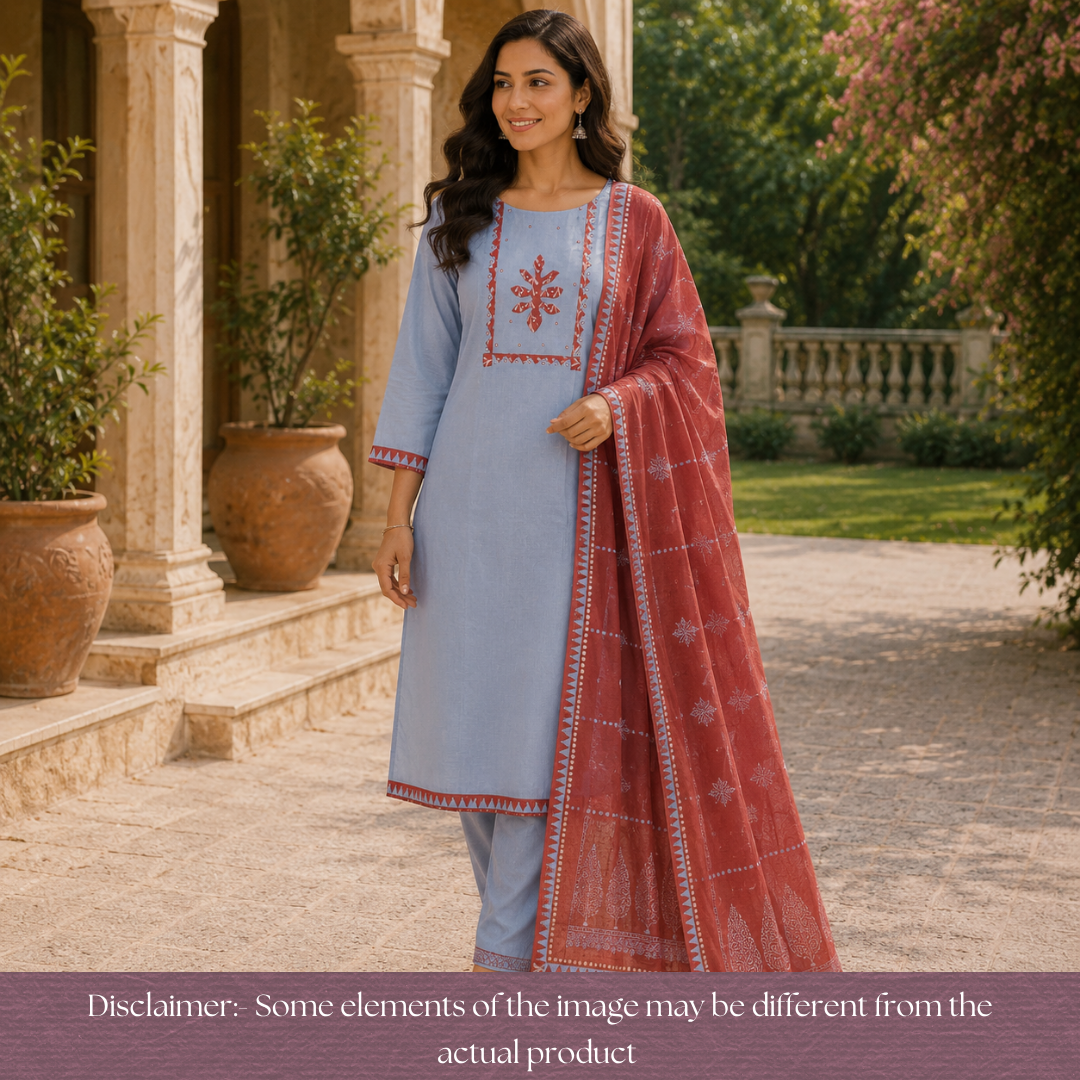 Bansi Fossil Grey Applique with Patra Yoke Cotton Set