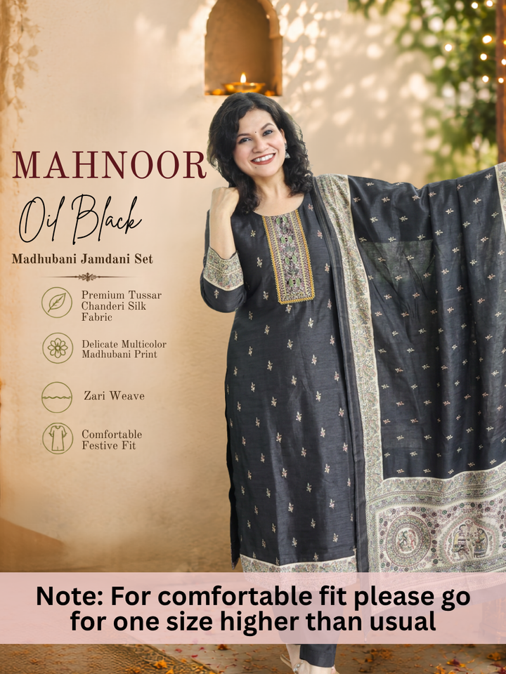 Mahnoor Oil Black Madhubani Tussar Chanderi Silk 3 Piece Set