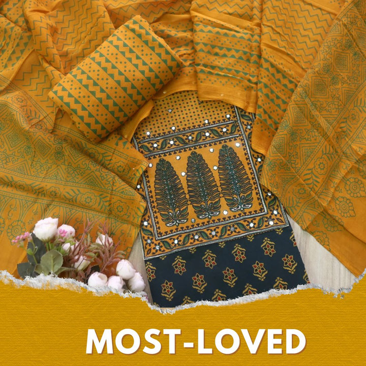 Sanak Forest Green Mirror Work Neck Ajrak Printed Cotton Suit Set D1