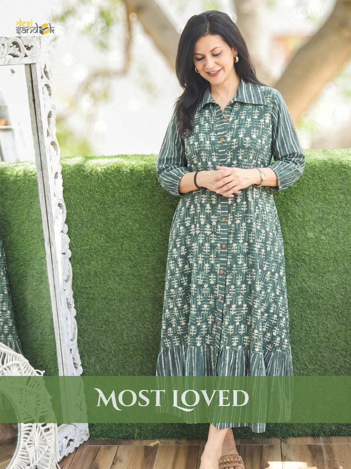 Asya Sage Green Dabu Printed Cotton Dress