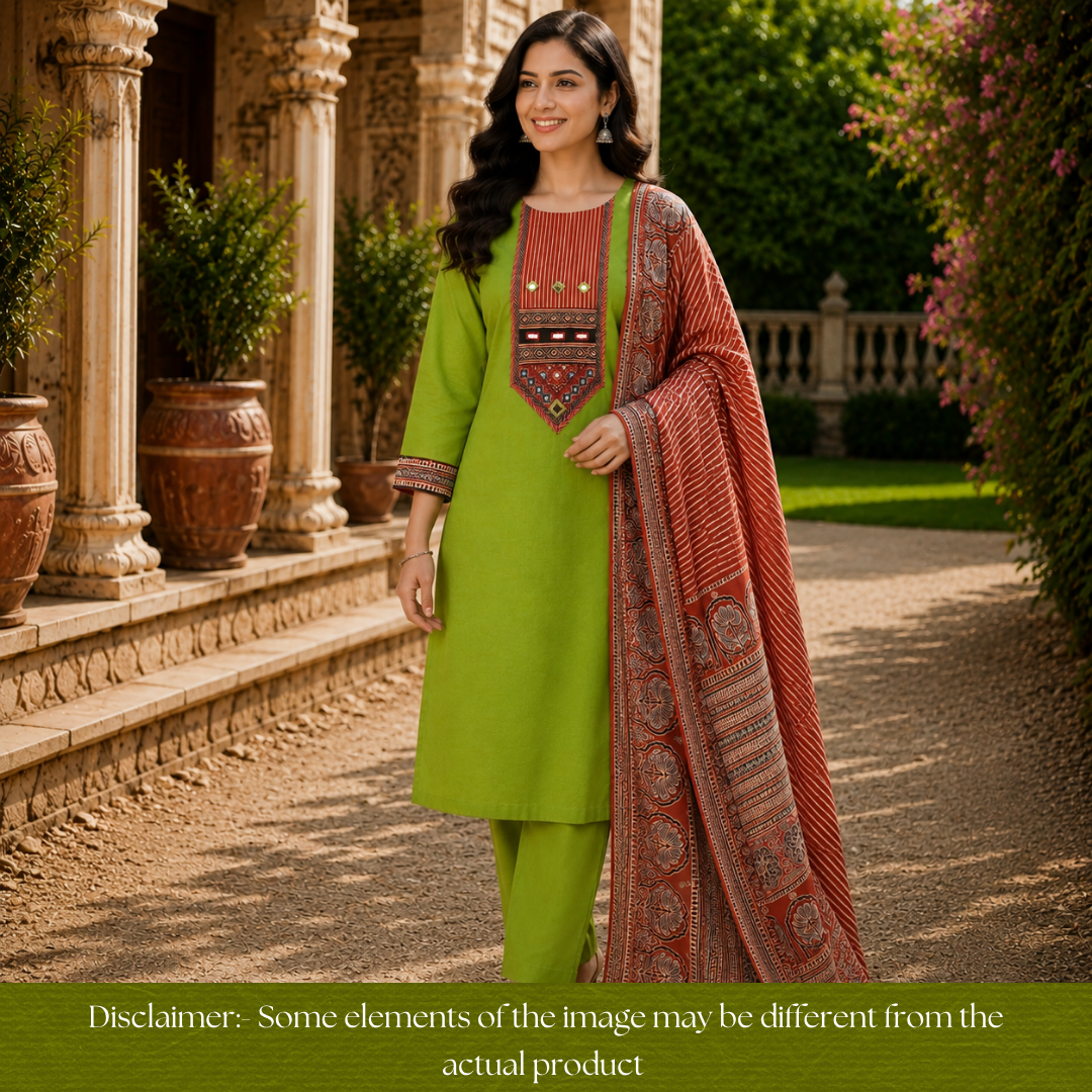 Roopsidhi Leaf Green Mirror With Printed Yoke Cotton Set