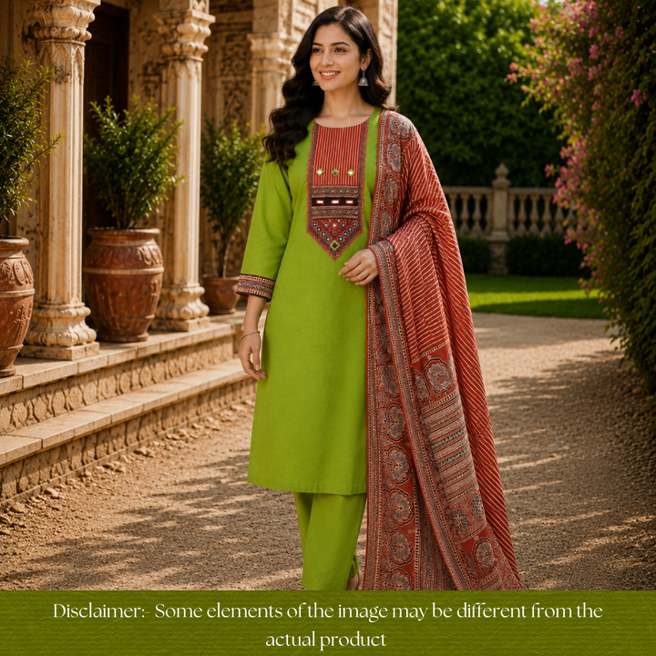 Roopsidhi Leaf Green Mirror With Printed Yoke Cotton Set