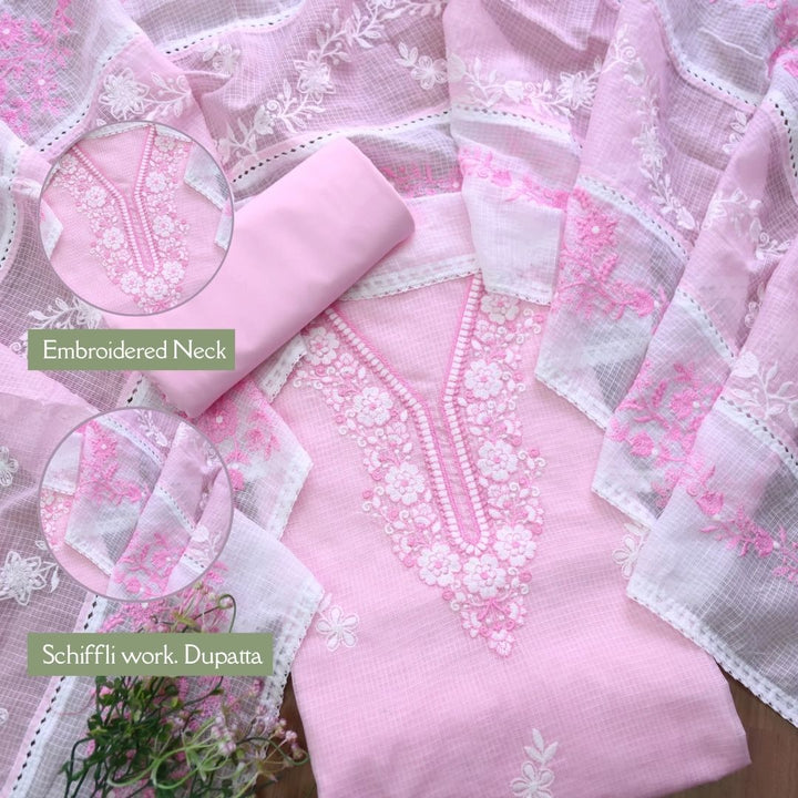 Geet Frosty Pink All Over Thread Embroidered Neck Work Kota Doriya Suit Set